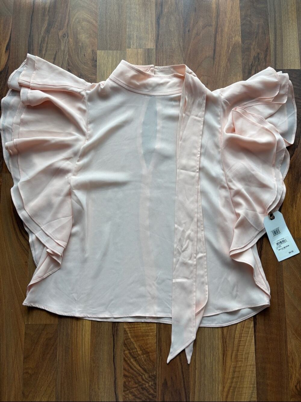 Leith Woman’s Pale Blush Ruffle Sleeve Blouse with Neck Tie Size M NWT